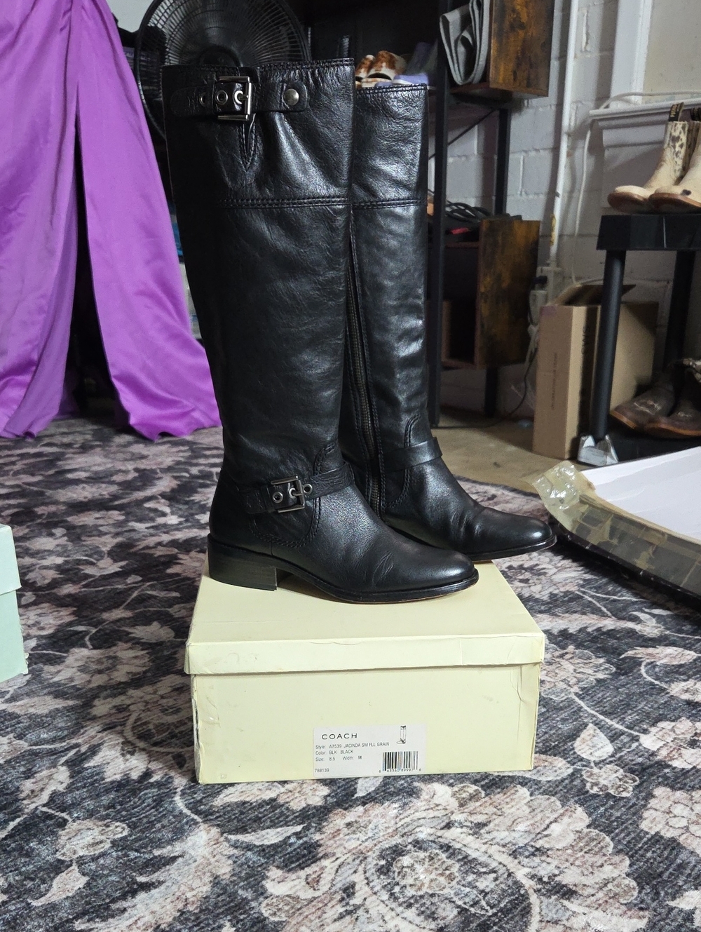 COACH Black Leather Knee-High Buckle Riding Boots